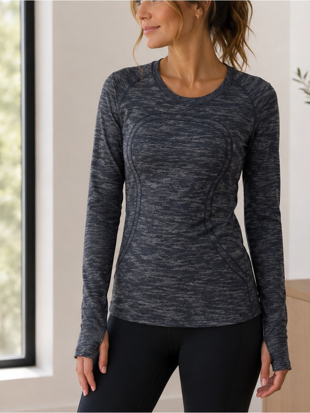 Lululemon sz 8 Swiftly Tech Long Sleeve Crew Neck Top Shirt Heather black Grey